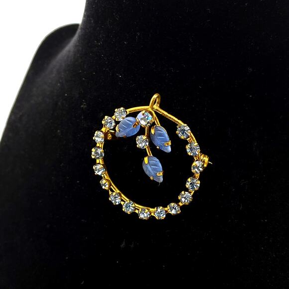 Vintage Blue Rhinestone Circle Brooch & Pendant Frosted Glass Leaves MCM 1960s - Picture 10 of 10